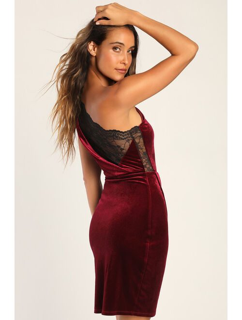 Lulus All the Luxe Wine Red Velvet Lace One-Shoulder Mini Dress