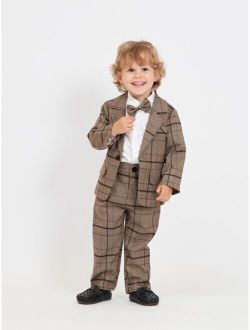 Toddler Boys Plaid Print Blazer & Shirt & Pants With Tie