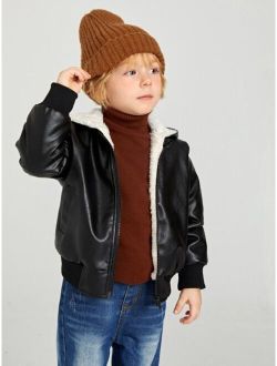 Toddler Boys Zipper Hooded Teddy Lined PU Leather Jacket