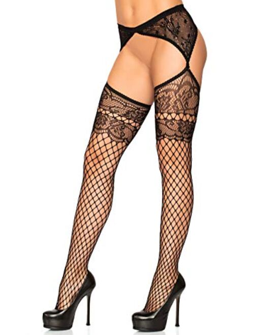 Leg Avenue 1606-00122 Lace Top Industrial Net Stockings With Attached Garter Belt, O/S, Black