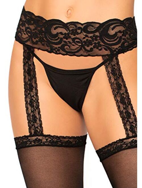Leg Avenue Women's Sheer Stockings with Attached Garter Belt, Black Lace, One Size