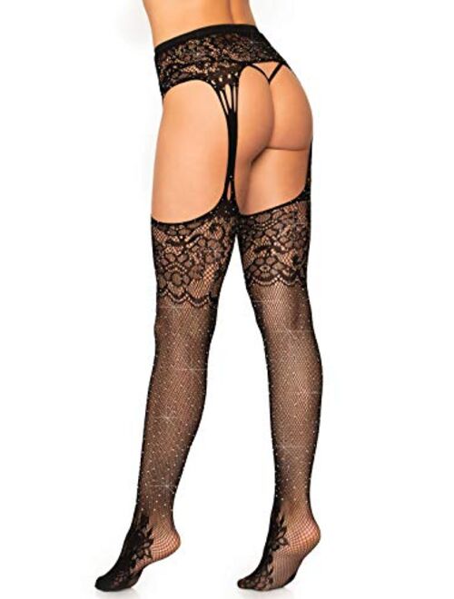 Leg Avenue womens Lace Top Fishnet Stockings With Attached Garter Belt