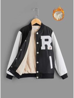 Boys Letter Patched Colorblock Teddy Lined Varsity Jacket