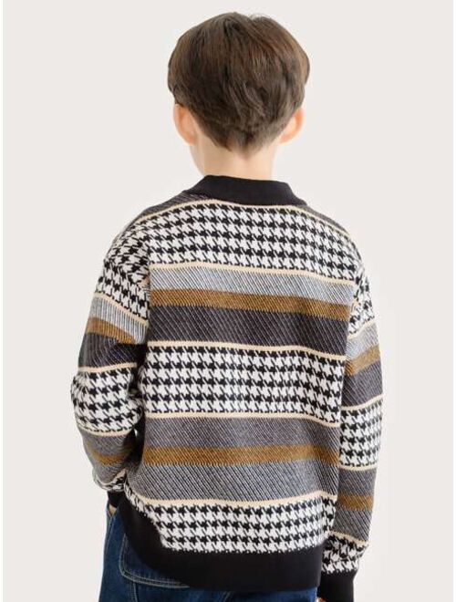Shein Boys Block Striped & Houndstooth Pattern Sweater