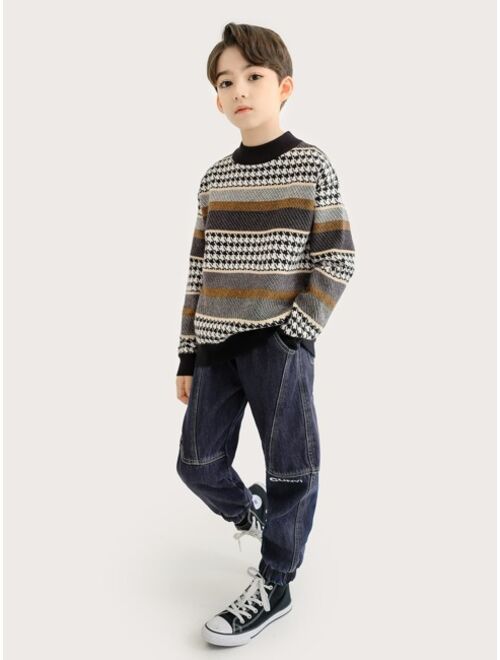 Shein Boys Block Striped & Houndstooth Pattern Sweater