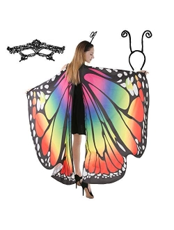Butterfly Wing Cape Shawl with Lace Mask and Black Velvet Antenna Headband Adult Women Halloween Costume Accessory
