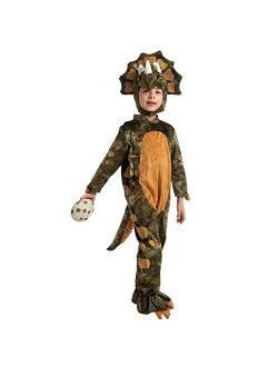Halloween Child Triceratops Costume, Brown Unisex Toddler Kids Realistic Dinosaur Onesie Jumpsuit for Halloween Dress Up Party-S