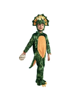 Halloween Child Triceratops Costume, Brown Unisex Toddler Kids Realistic Dinosaur Onesie Jumpsuit for Halloween Dress Up Party-S