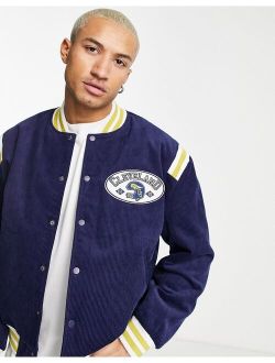 cord varsity bomber jacket in navy with contrast trims