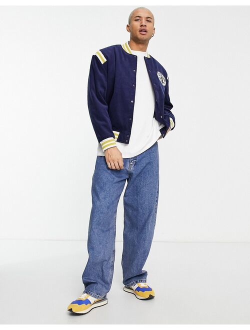 ASOS DESIGN cord varsity bomber jacket in navy with contrast trims