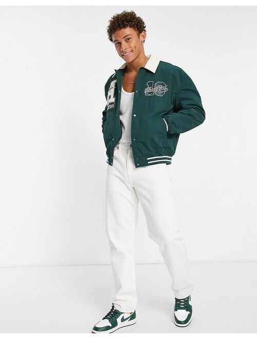 ASOS DESIGN varsity bomber jacket with contrast cord collar in green