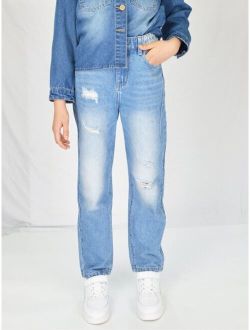 Boys Ripped Moustache Effect Straight Leg Jeans
