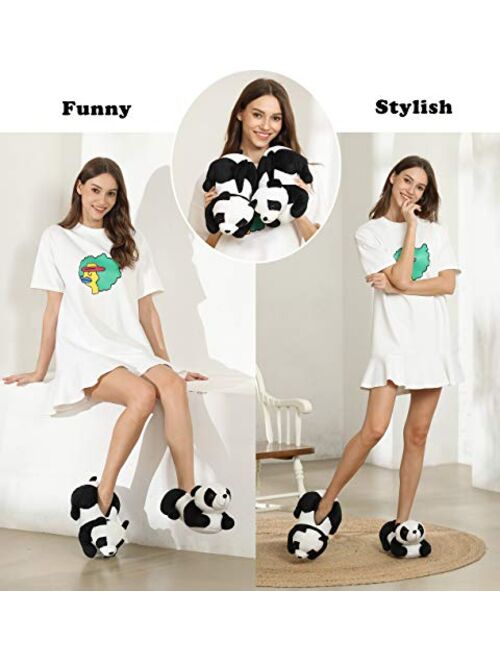 Onmygogo Indoor Fuzzy Winter Animal Panda and Cow Plush Slippers for Adult Women Men Boys Girls Kids