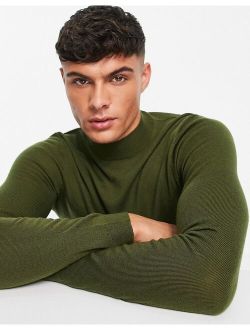 muscle fit premium merino wool turtle neck sweater in olive