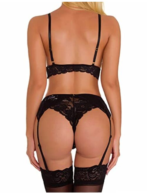 Dewinya Sexy Lingerie Set for Women Naughty, 3 PC, Lace Bralette Bra and Panty Sets, Garter Belt Lingerie