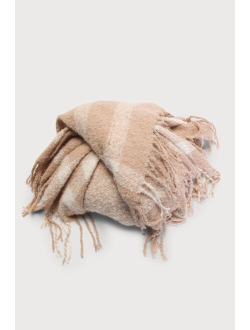 Lulus Signature Snuggles Beige Plaid Knit Oversized Wrap