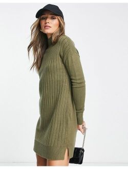 ribbed panel sweater mini dress in khaki