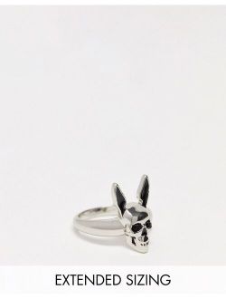Halloween signet ring with skull head and rabbit ears in silver tone