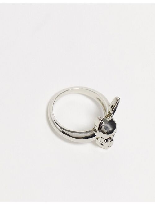ASOS DESIGN Halloween signet ring with skull head and rabbit ears in silver tone