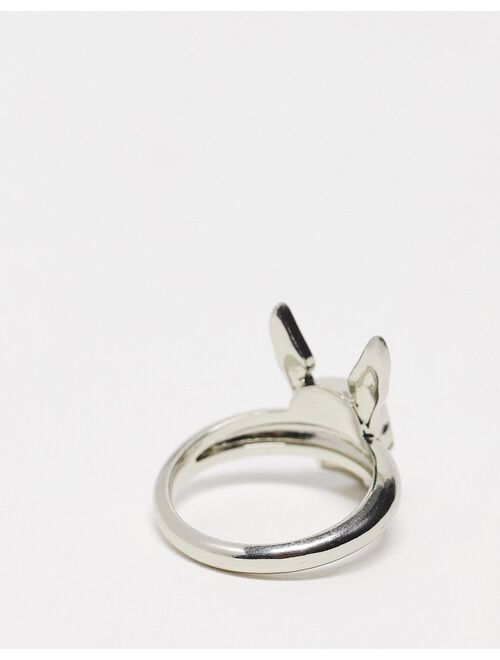 ASOS DESIGN Halloween signet ring with skull head and rabbit ears in silver tone