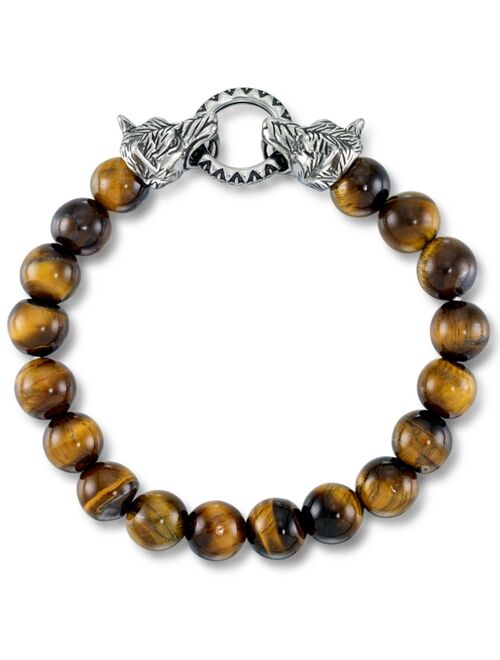 Andrew Charles by Andy Hilfiger Men's Tiger's Eye Bead Wolf Head Stretch Bracelet in Stainless Steel (Also in Onyx & White Agate)