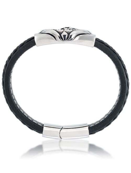 Andrew Charles by Andy Hilfiger Men's Black Leather Skull Bracelet in Stainless Steel