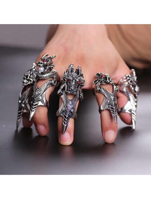 PANTIDE 6 Pcs Punk Gothic Knuckle Joint Full Finger Double Rings, Silvery Armour Cool Rings Punk Rock Hinged Loop Activity Rings for Men Women Halloween Cosplay Costume A