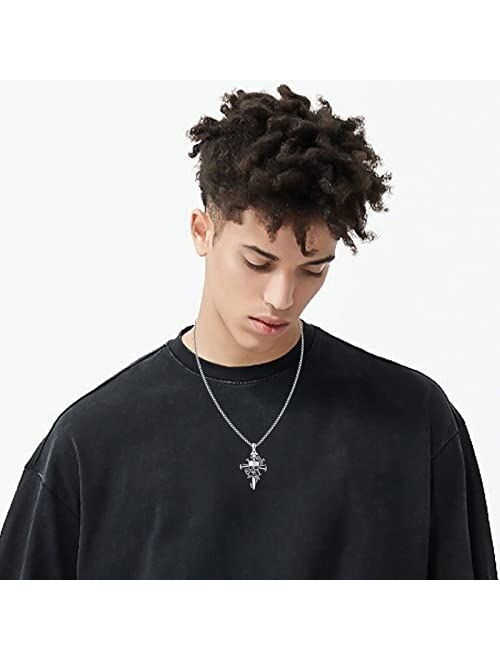 Aututer Cross Skull Necklace Sterling Silver Rose Flower Necklace Nail Necklace Cross Pendant Gothic Jewelry for Men Women Halloween Christmas Jewelry Gifts