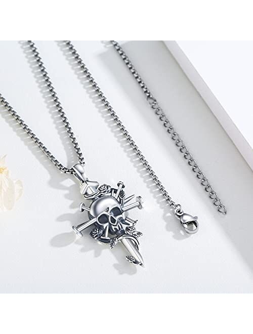 Aututer Cross Skull Necklace Sterling Silver Rose Flower Necklace Nail Necklace Cross Pendant Gothic Jewelry for Men Women Halloween Christmas Jewelry Gifts
