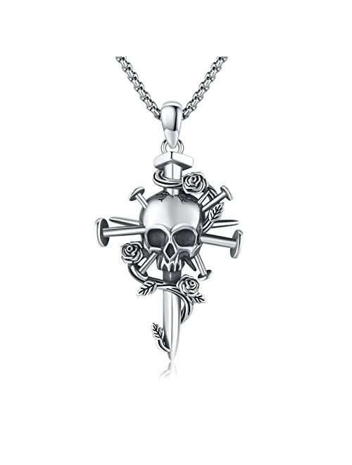 Aututer Cross Skull Necklace Sterling Silver Rose Flower Necklace Nail Necklace Cross Pendant Gothic Jewelry for Men Women Halloween Christmas Jewelry Gifts