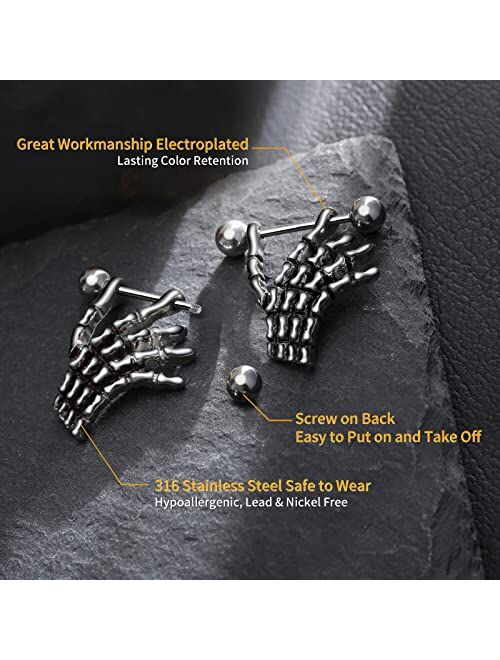 QGOLIVER Skull Earrings for Men Stud Earrings Stainless Steel Gothic Hip Hop Jewelry Skeleton Dangle Earrings for Women