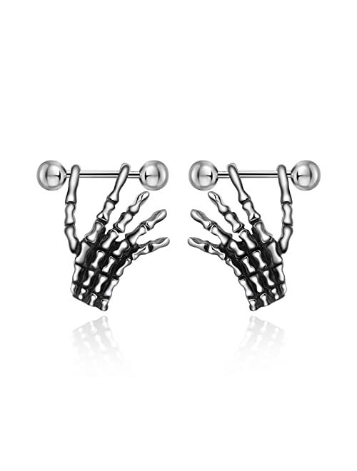 QGOLIVER Skull Earrings for Men Stud Earrings Stainless Steel Gothic Hip Hop Jewelry Skeleton Dangle Earrings for Women