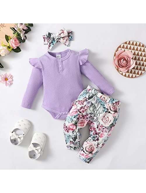 Mioglrie Newborn Infant Baby Girl Clothes Romper Pants Set Floral Outfits Cotton Baby Clothes for Girls