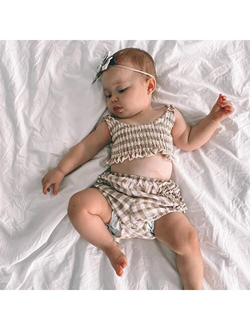 Fernvia Newborn Baby Girl Summer Clothes 3 6 12 18 Months Plaid Ruched Tank Tops & Frilly Pantie with Hairband 3Pcs Outfit Sets