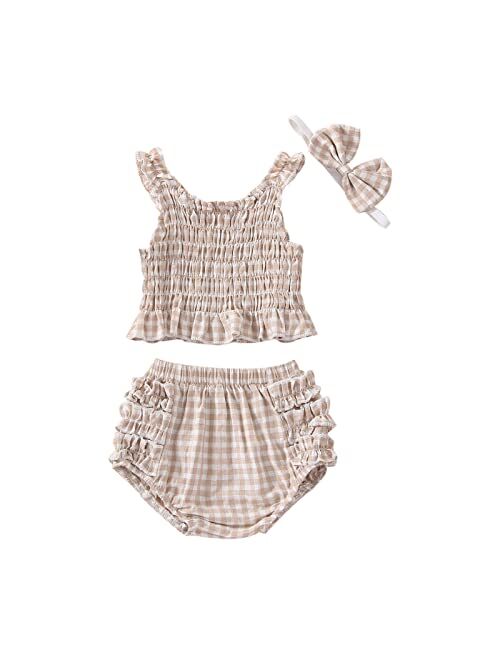 Fernvia Newborn Baby Girl Summer Clothes 3 6 12 18 Months Plaid Ruched Tank Tops & Frilly Pantie with Hairband 3Pcs Outfit Sets