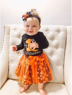 Minifeiko My First Halloween Baby Girl Outfit 3PCS Pumpkin Bodysuit + Tulle Skirt + Bow Headband Clothes Set