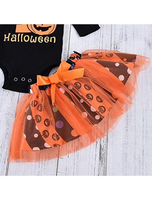Minifeiko My First Halloween Baby Girl Outfit 3PCS Pumpkin Bodysuit + Tulle Skirt + Bow Headband Clothes Set