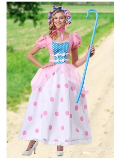 Little Bo Peep Costume for Women, with Pink and Blue Bonnet, Polka Dot Dress