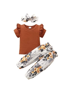 SANMIO Cute Floral Girl Clothes Outfits, Toddler Baby Girl Clothes Set Ruffle T-Shirt + Pant Set with Headband