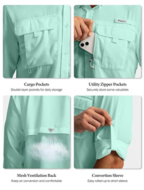 Pudolla Men's Sun Protection Fishing Shirts Long Sleeve Travel Work Shirts for Men UPF50+ Button Down Shirts with Zipper Pockets