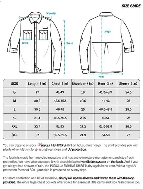 Pudolla Men's Sun Protection Fishing Shirts Long Sleeve Travel Work Shirts for Men UPF50+ Button Down Shirts with Zipper Pockets