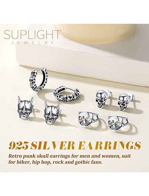 Suplight Punk Skull Earrings 925 Sterling Silver Gothic Skeleton Non Piercing Ear Cuffs/Huggie Hoop/Ear Piercing Earrings for Women Men (with Gift Box)