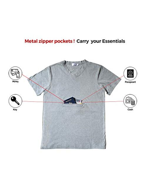 Clever Travel Companion Men's V-Neck Traveling Best Pickpocket Proof Hidden Zipper Pocket T-Shirt