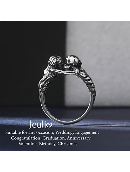 Jeulia Gothic Black Skull Rings Sterling Silver Kiss of Death Skeleton Band Rings for Women Men Couples Halloween Jewelry Engagement anniversary with Gift Box
