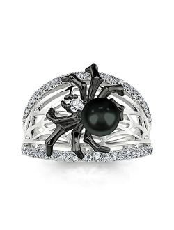Jeulia Spider Skull Biker Black Ring Women Men Halloween Tone Pear Cut Sterling Silver Red Diamond Band Rings Gothic Black Pearl Spider Plated Promise Rings with Jewelry 