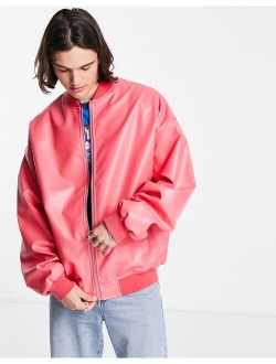 extreme oversized faux leather bomber jacket in pink