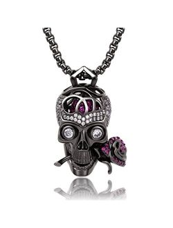 Karseer "Romance Forever Skull & Rose Charm Unisex Pendant Necklace with Crystal Brain Hidden Inside