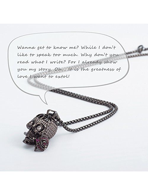 Karseer "Romance Forever Skull & Rose Charm Unisex Pendant Necklace with Crystal Brain Hidden Inside