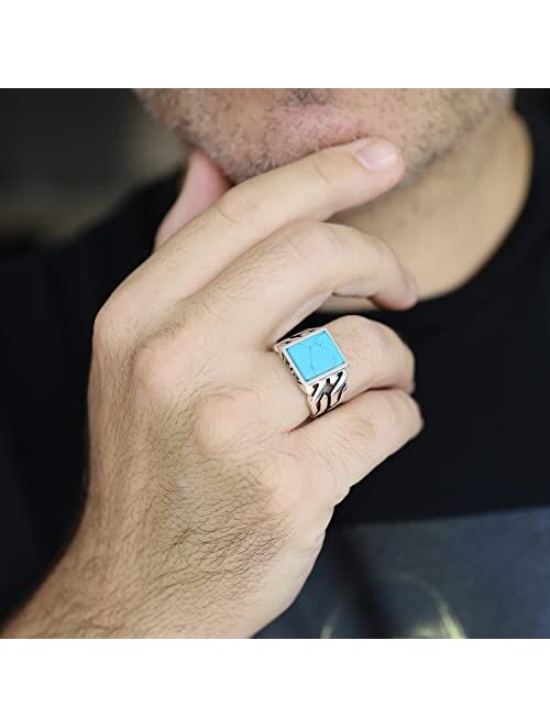 Chimoda Sterling Silver Rings for Men with Turquoise Stone, Handmade Mens Jewelry Ring, Cuban link Chain Motif Mens Ring