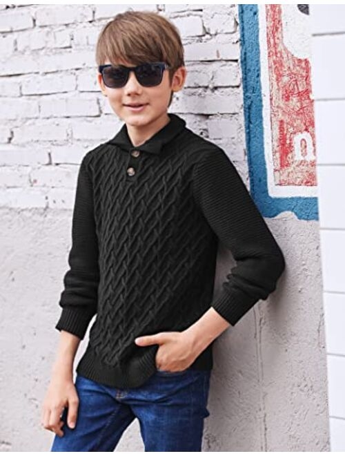 Flypigs Boys Turtleneck Sweater Long Sleeve Cable Knit Button Up Pullover Winter Warm Tops for Kids 4-13 Years